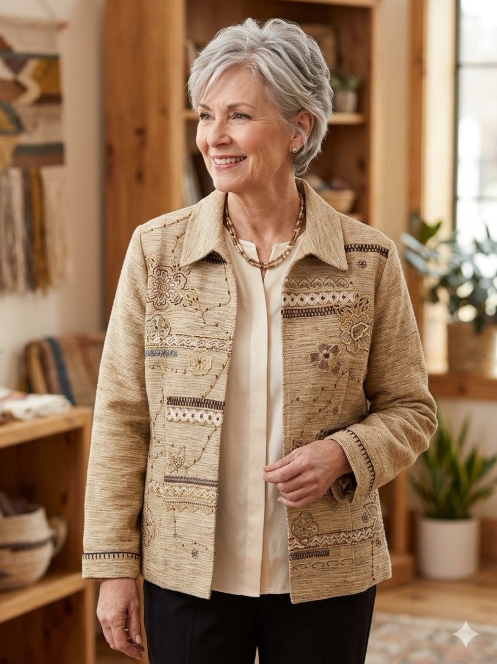 Coldwater Creek Size PM Linen Embroidered Floral Beige Button Down Lined Jacket